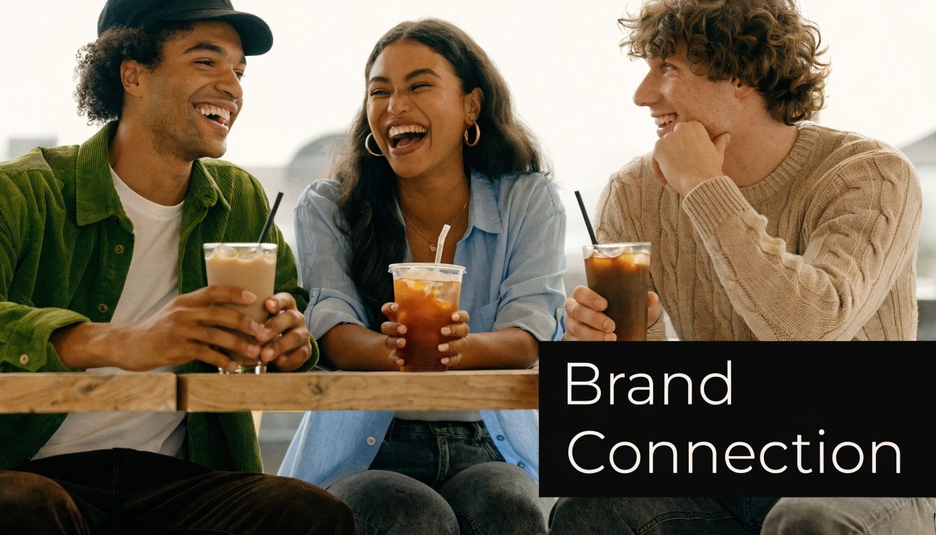 Three diverse friends laughing together while drinking iced coffee at an outdoor wooden cafe table.