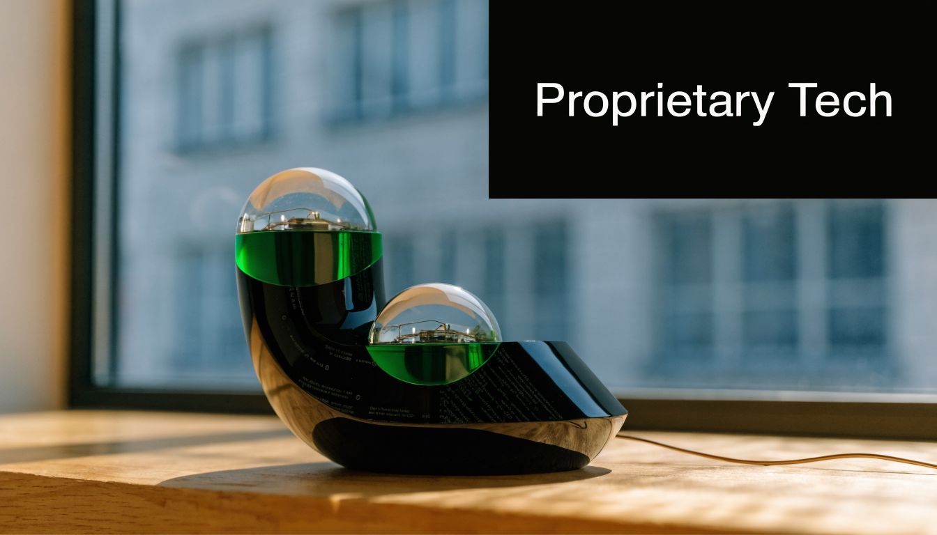A sleek, modern, black and green sculptural object sitting on a wooden surface near a window.