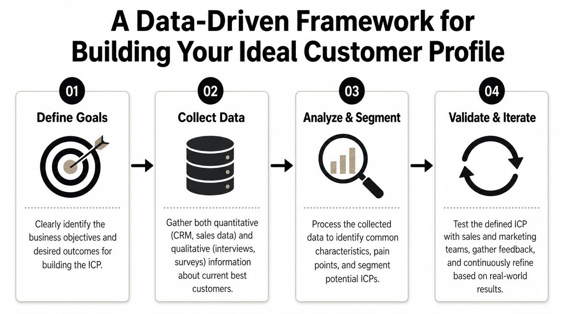 A four-step infographic illustrating a data-driven framework for building an ideal customer profile.