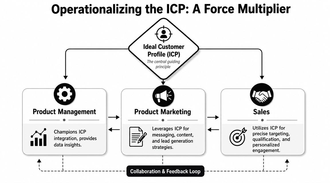 A diagram illustrating how an Ideal Customer Profile guides product management, marketing, and sales strategies effectively.
