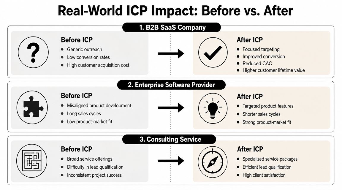 A comparison chart showing how defining an Ideal Customer Profile improves B2B sales and business outcomes.