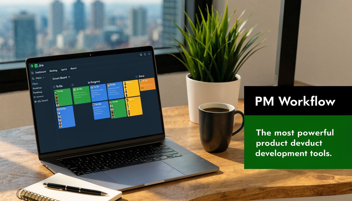 A modern laptop displaying a Jira scrum board on a desk next to a coffee mug and plant.