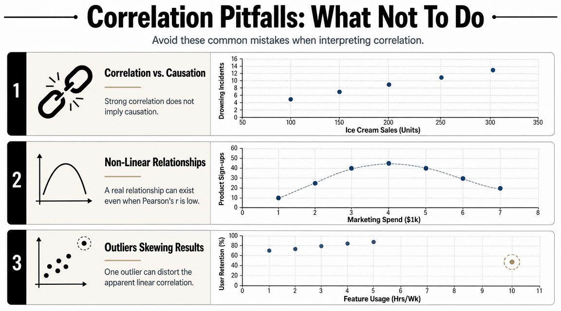 An infographic illustrating three common statistical pitfalls when interpreting correlation: causation, non-linear relationships, and data outliers.