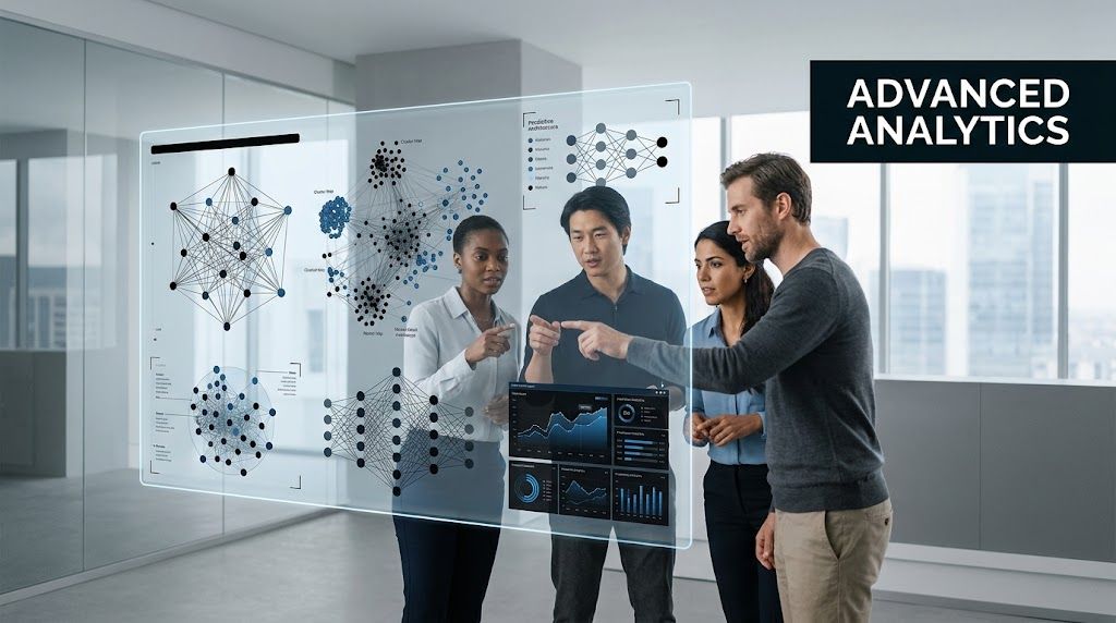A professional team collaboratively analyzes complex data visualizations and predictive network models on a large digital screen.