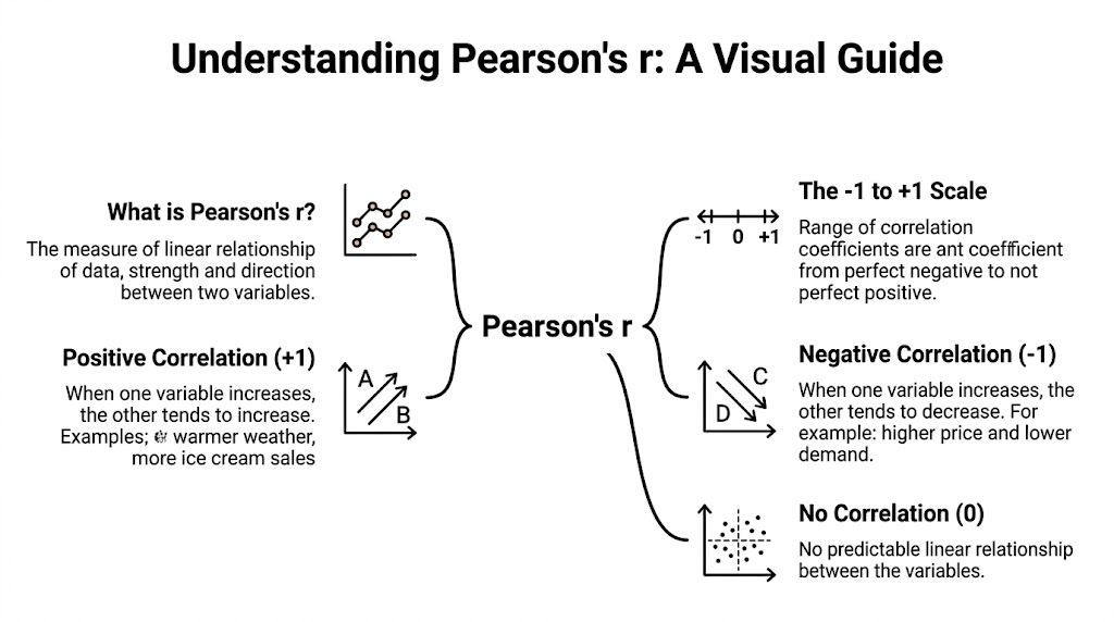 An infographic explaining Pearson's r correlation, showing the scale from negative one to positive one.