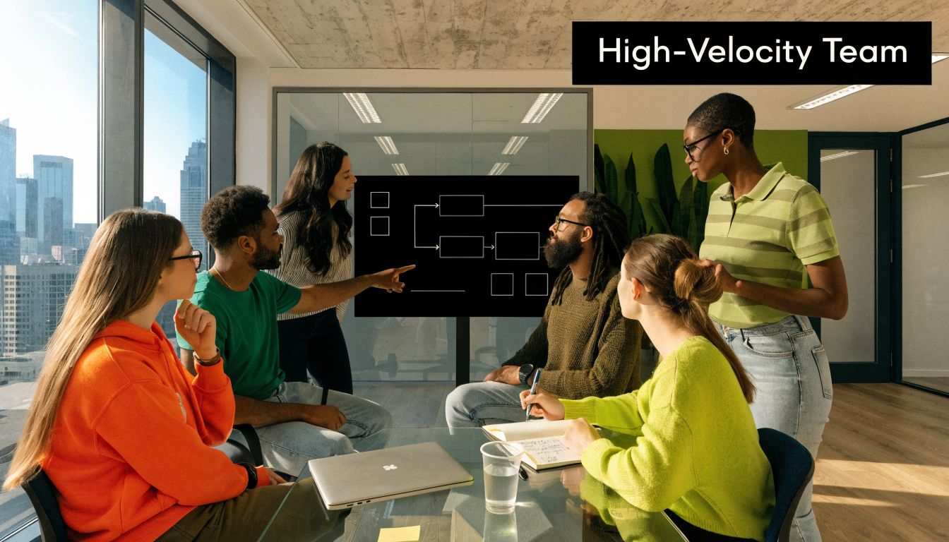 A diverse team collaborating in a modern office while discussing a process flowchart on a monitor.
