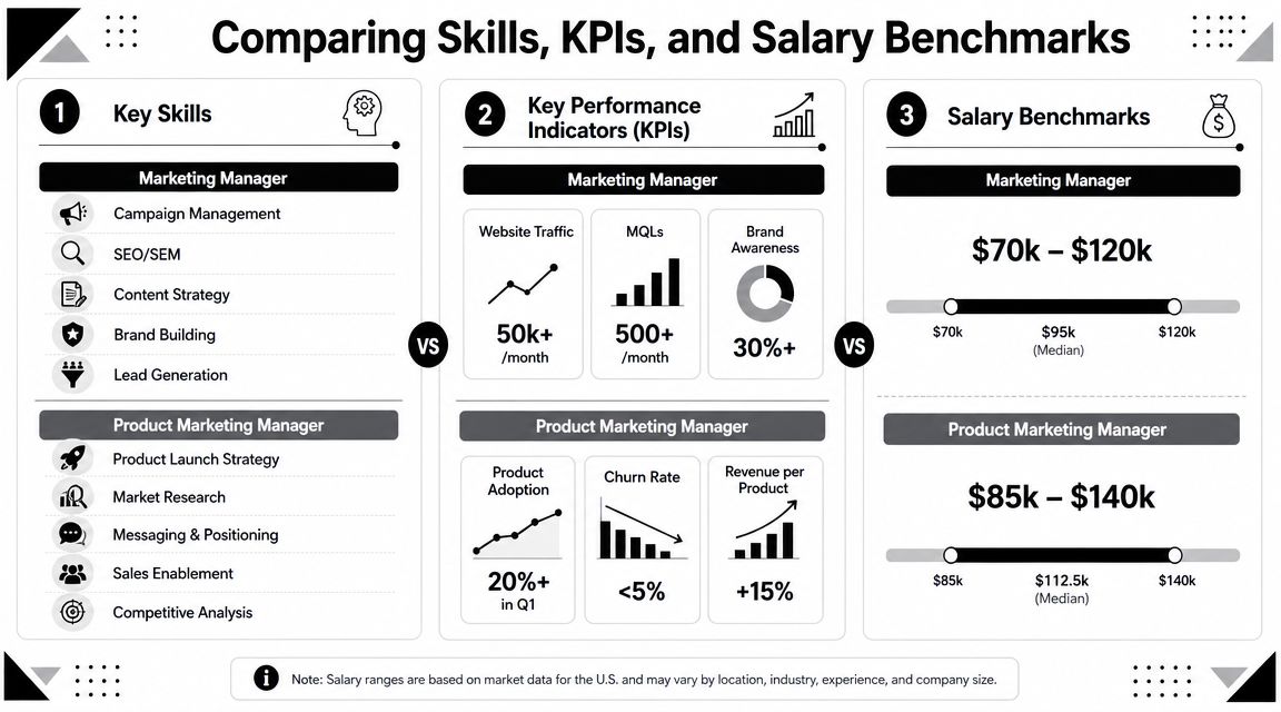 A comparison chart outlining key skills, performance indicators, and salary benchmarks for marketing and product marketing managers.