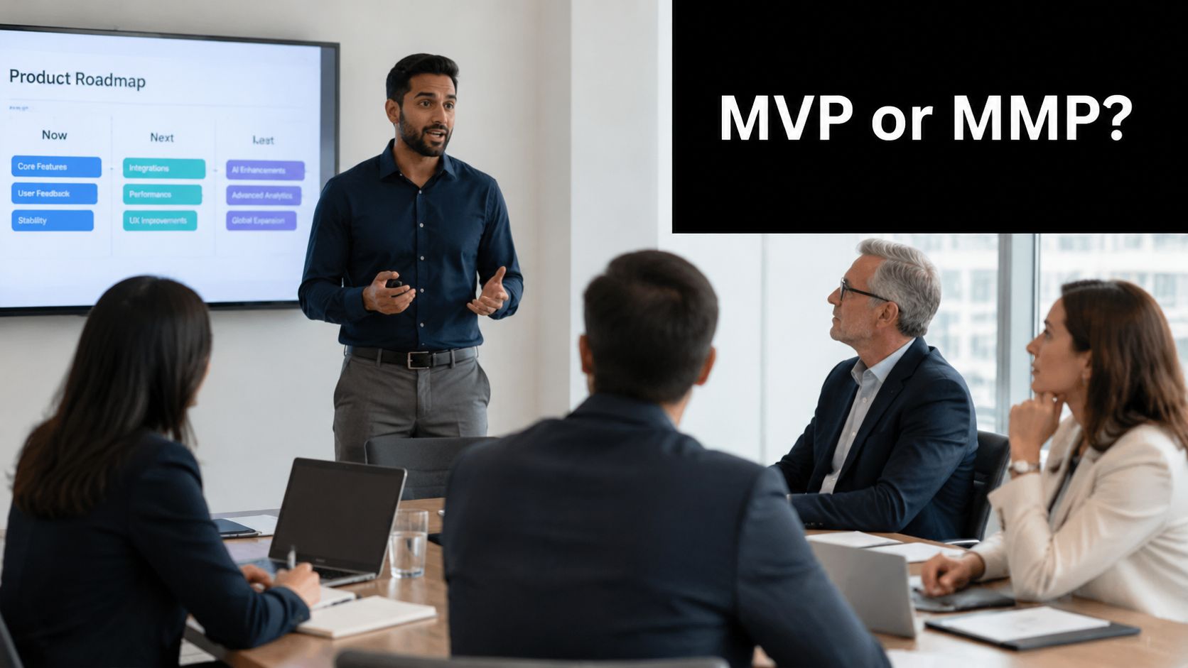 A professional business presentation in a conference room featuring a product roadmap and the question MVP or MMP.