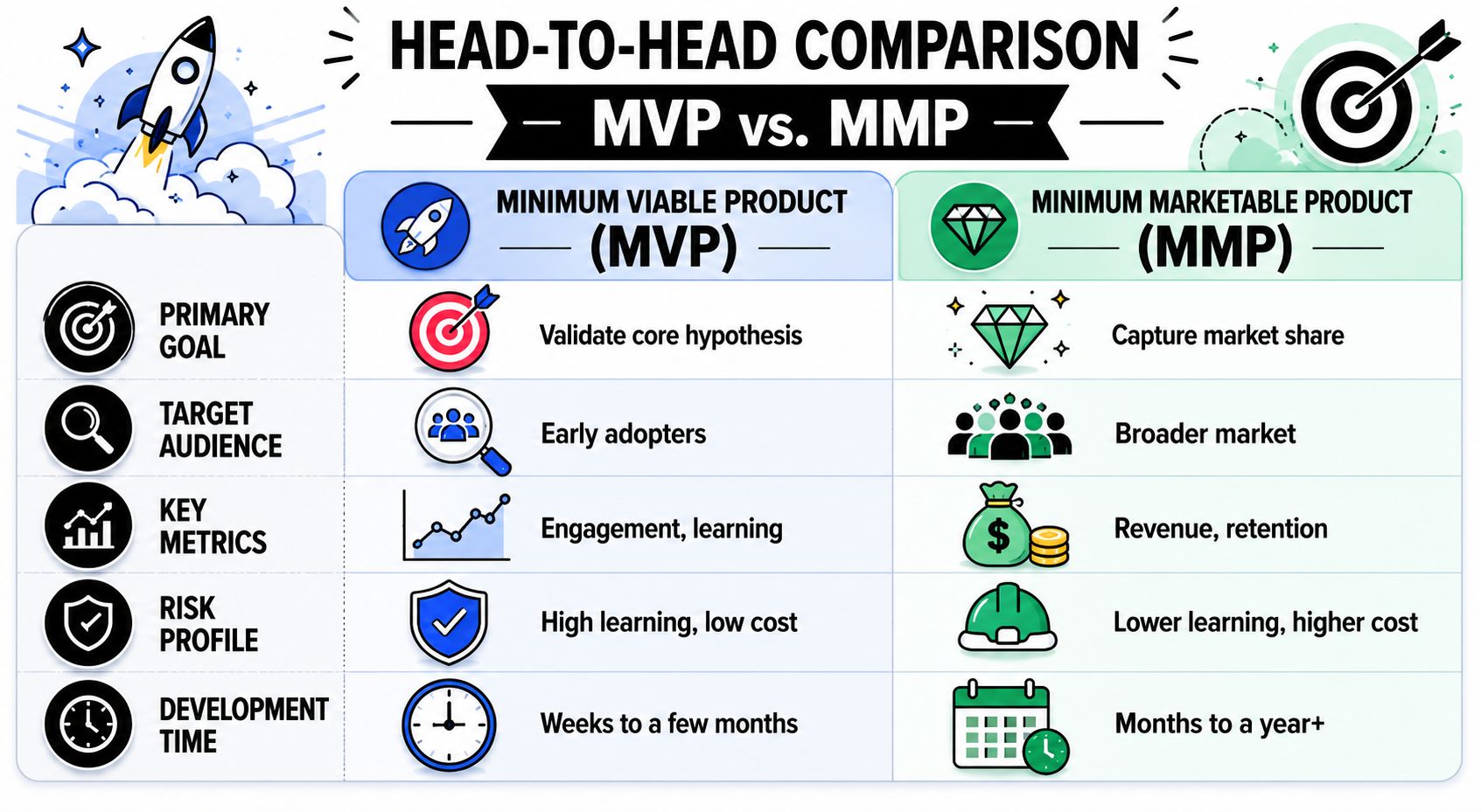A comparison chart outlining the differences between a Minimum Viable Product (MVP) and a Minimum Marketable Product (MMP).