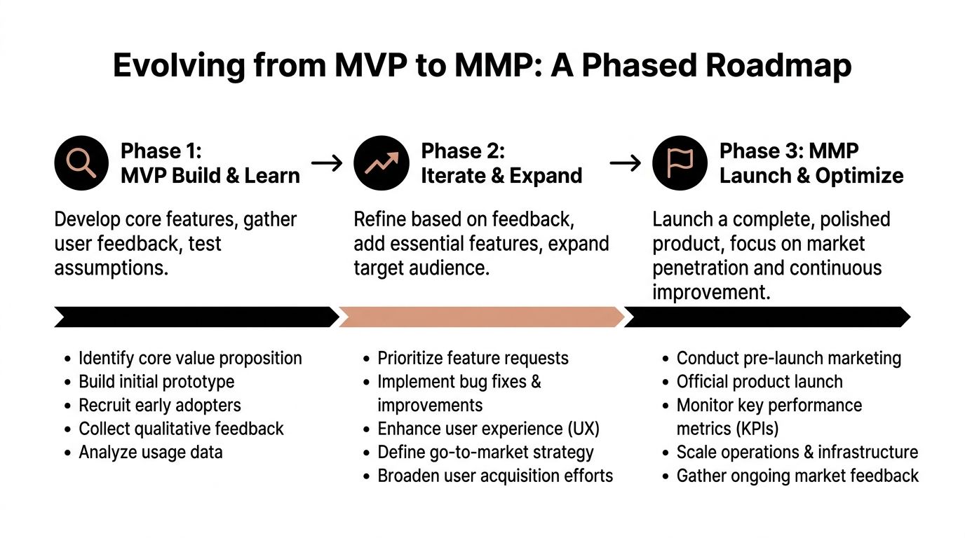 A phased roadmap infographic explaining the transition from a Minimum Viable Product to a Minimum Marketable Product.