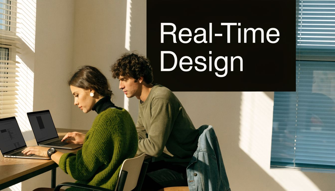A man and woman collaborating on design work while sitting at a desk with laptops.