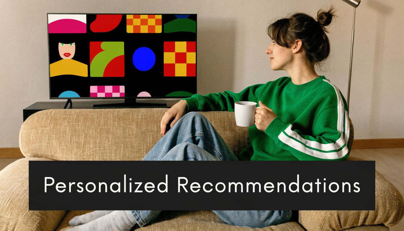 A young woman sits on a couch watching abstract colorful shapes on her television screen.