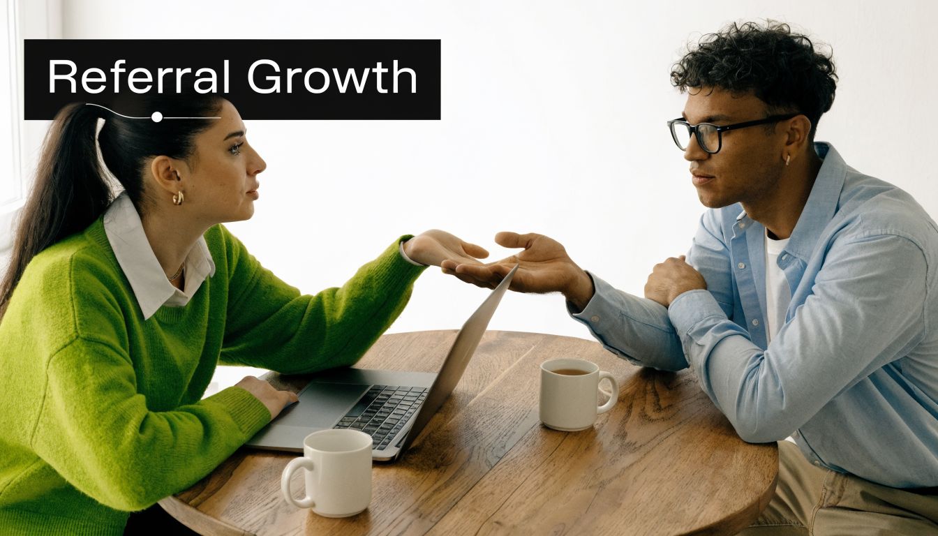 A woman and a man sitting at a round table discussing referral growth strategy using a laptop.