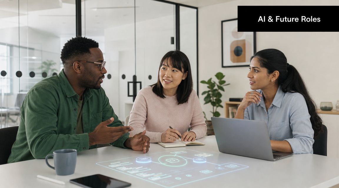 A diverse team of three professionals discussing AI technology in a modern office with digital interfaces.