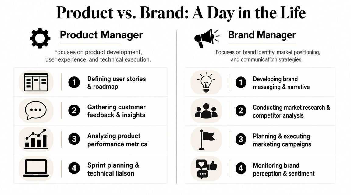 A comparison chart outlining the distinct daily responsibilities of a Product Manager versus a Brand Manager.