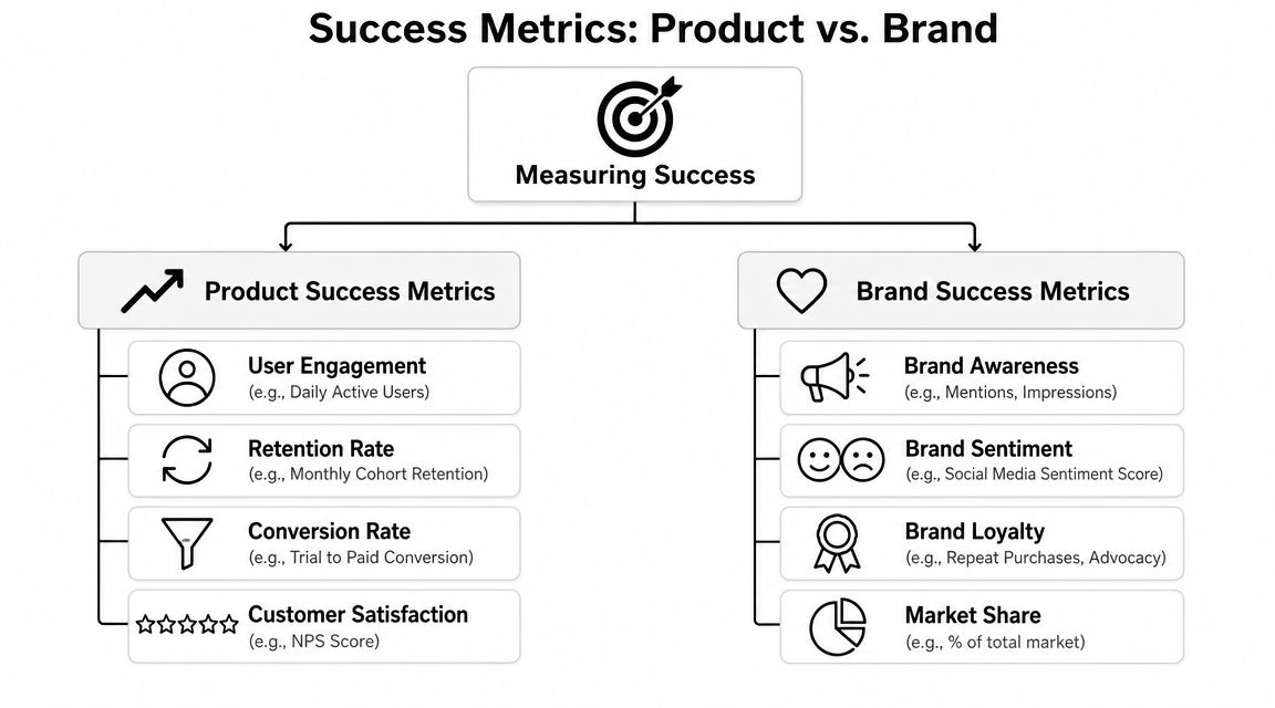 A diagram comparing Product Success Metrics and Brand Success Metrics for measuring overall business performance.