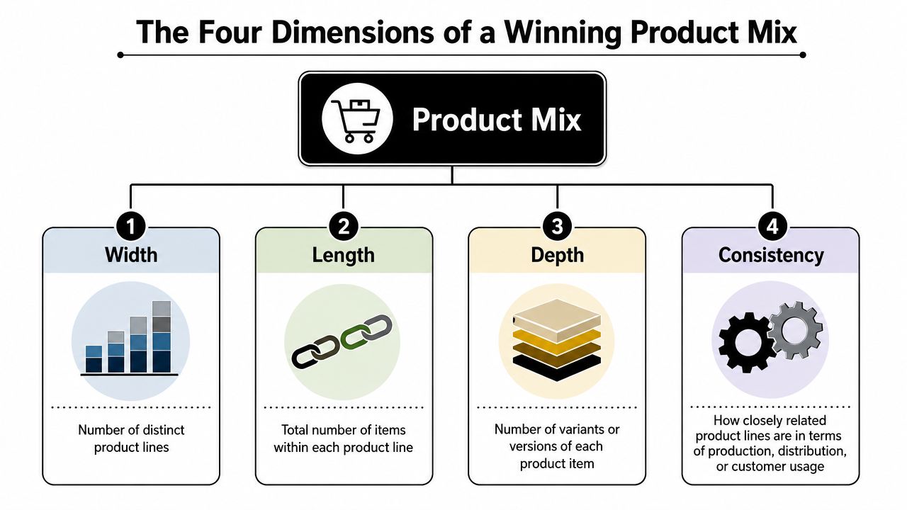 An infographic illustrating the four dimensions of a product mix: width, length, depth, and consistency.