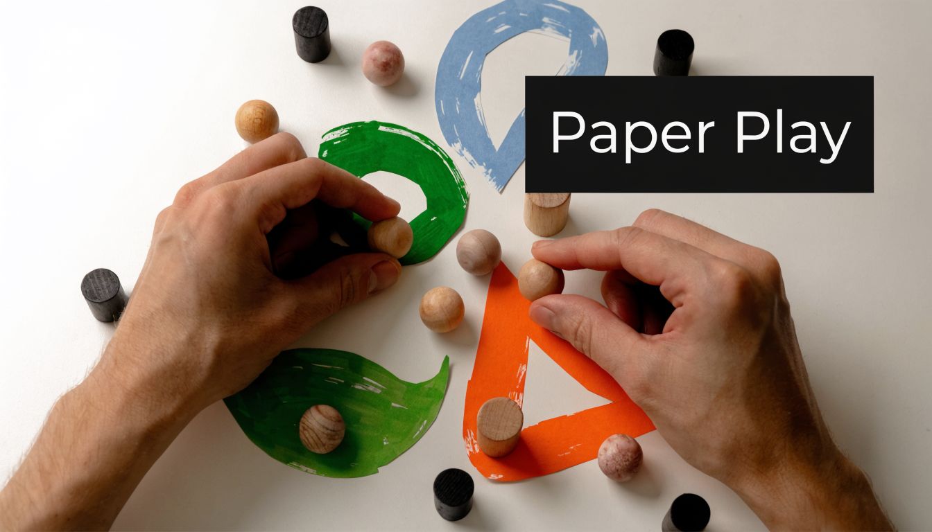 Hands interacting with wooden spheres and colorful paper shapes on a white background for creative design.
