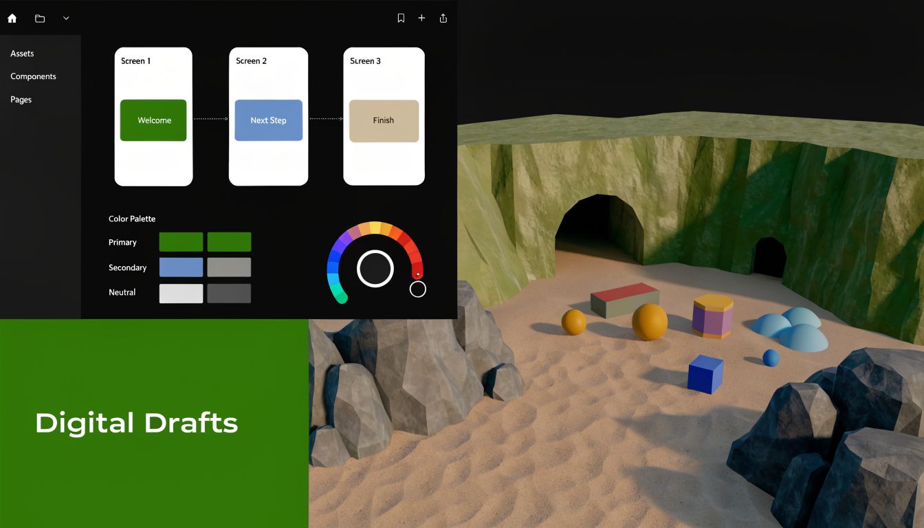 A digital design interface showing workflow screens, color palettes, and a 3D rendered cave scene.