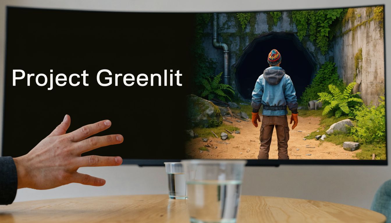 A hand gestures toward a curved monitor displaying an image of a character entering a dark cave.