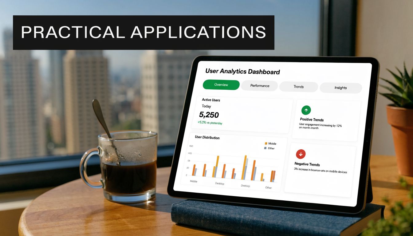 A digital tablet showing a user analytics dashboard on a desk next to a coffee mug.
