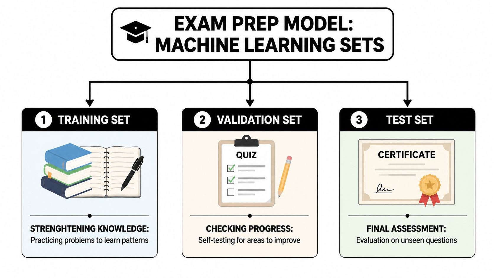 A diagram explaining machine learning data sets using the analogy of a student preparing for an exam.