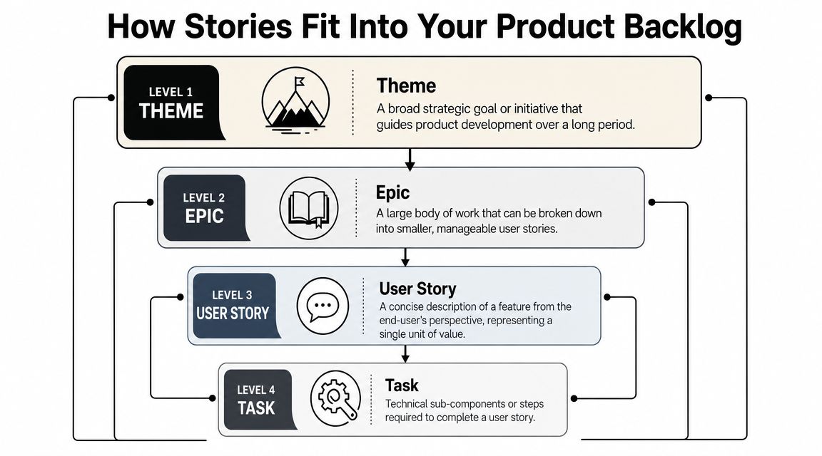 A hierarchical chart illustrating how product themes, epics, user stories, and tasks organize a product backlog.