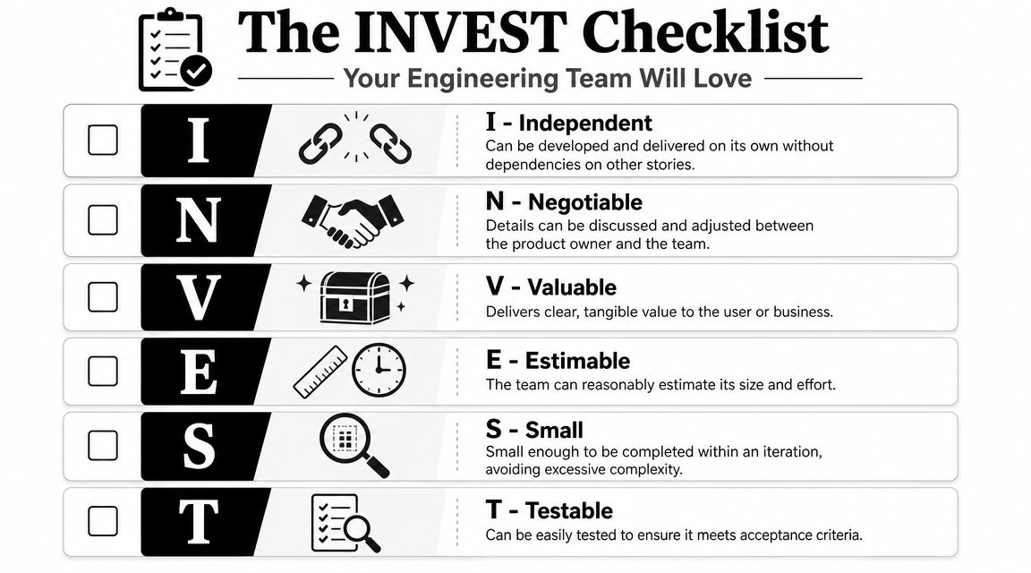 A visual guide explaining the INVEST checklist method for creating effective and manageable agile user stories.