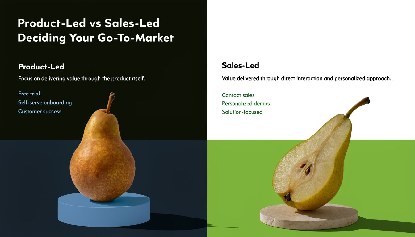 A comparison chart showing the differences between product-led and sales-led go-to-market strategies with pear illustrations.