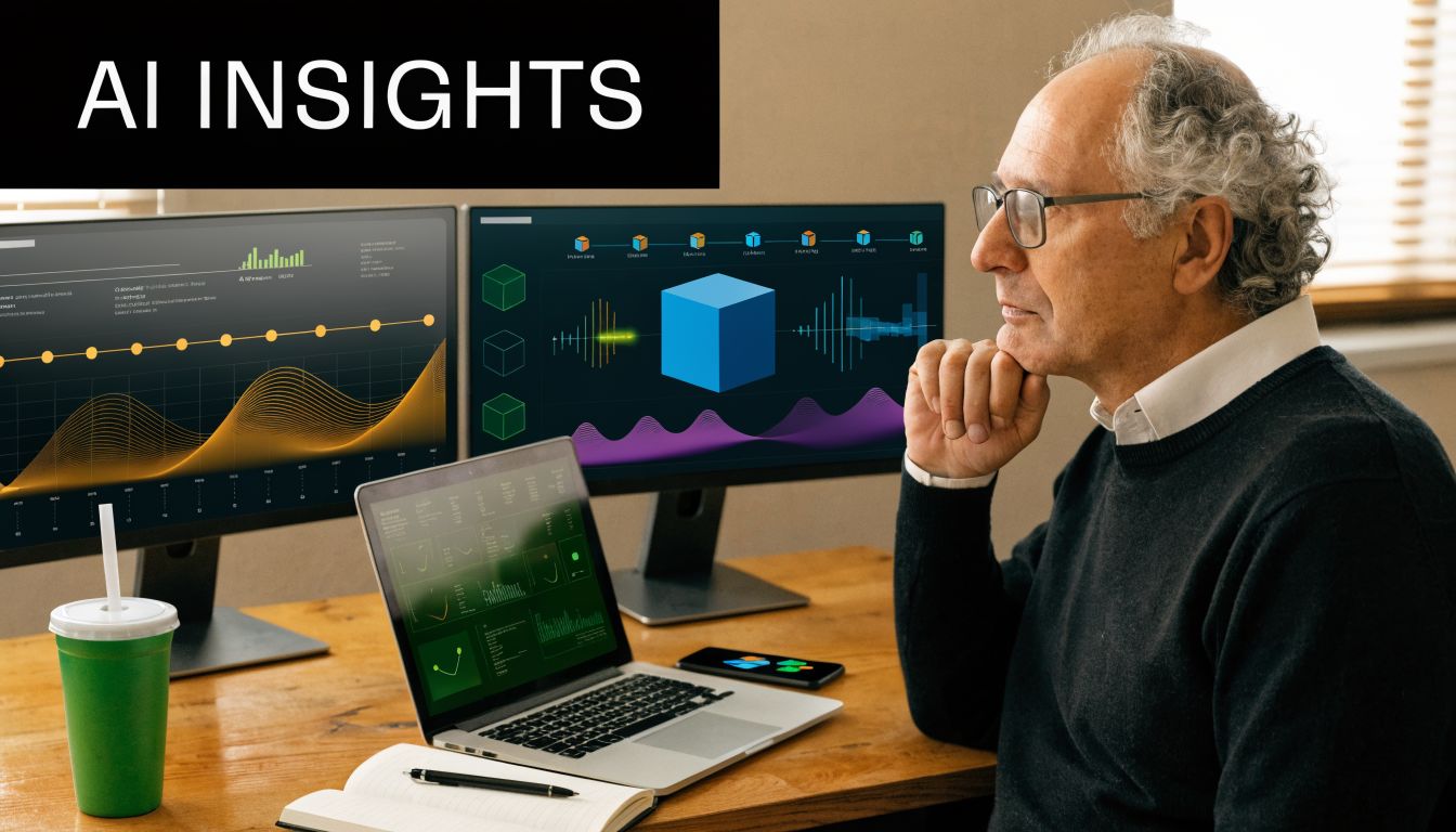 A professional man with glasses analyzes complex data charts and graphs on multiple computer monitors.