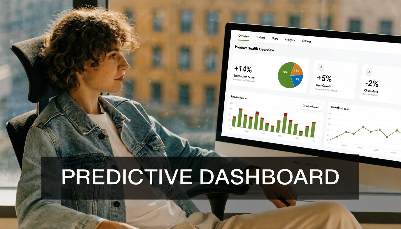 A person looking at a computer screen showing a predictive analytics dashboard with data visualizations and charts.