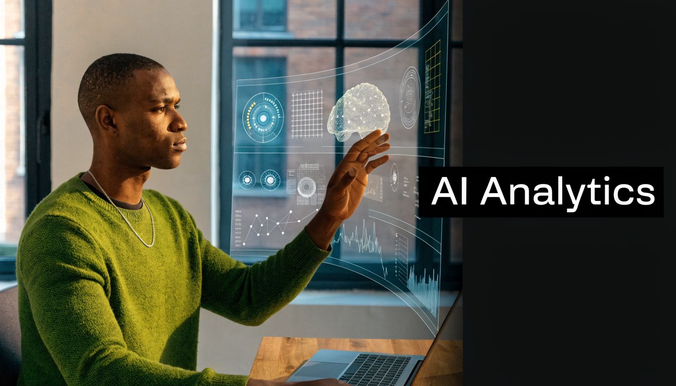 A young man sitting at a laptop interacting with a holographic display showcasing AI brain analytics.