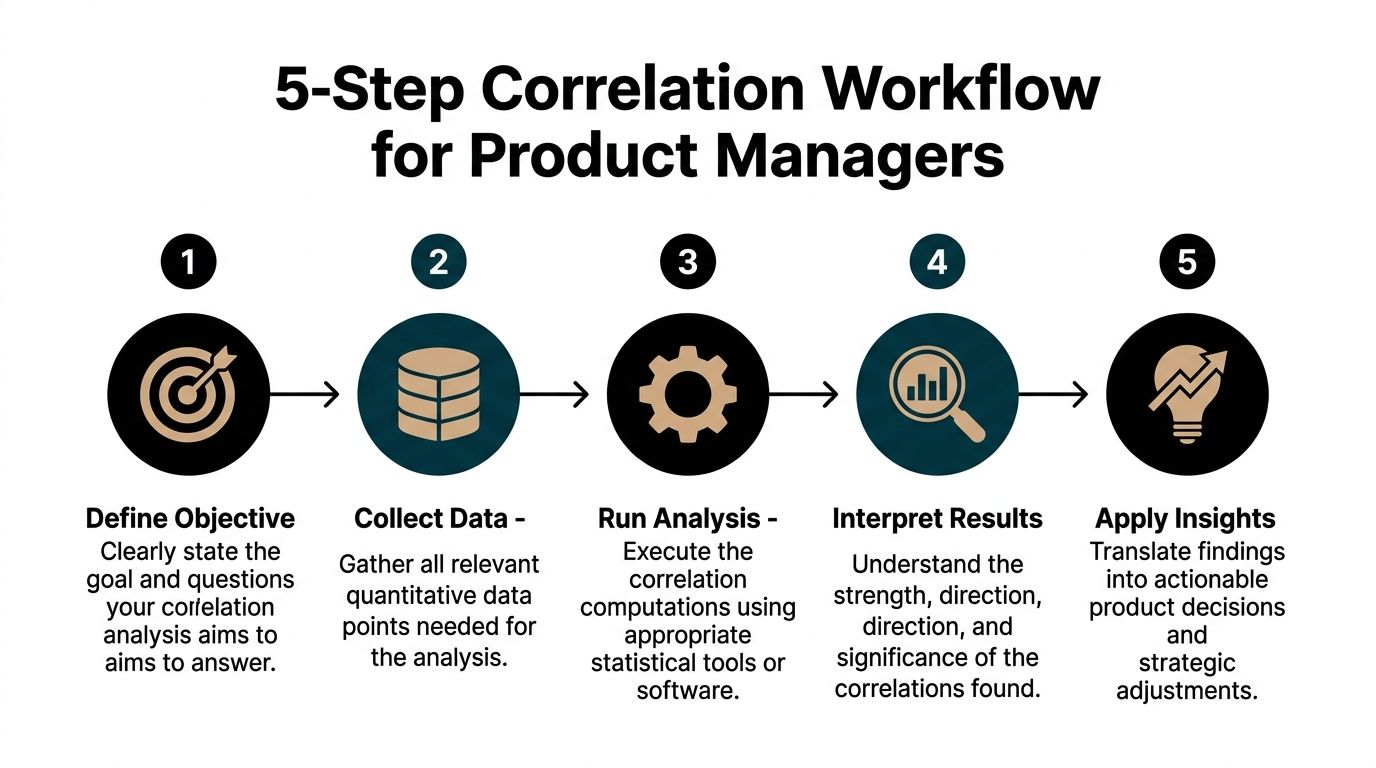 A five-step infographic showing the workflow for correlation analysis in product management.