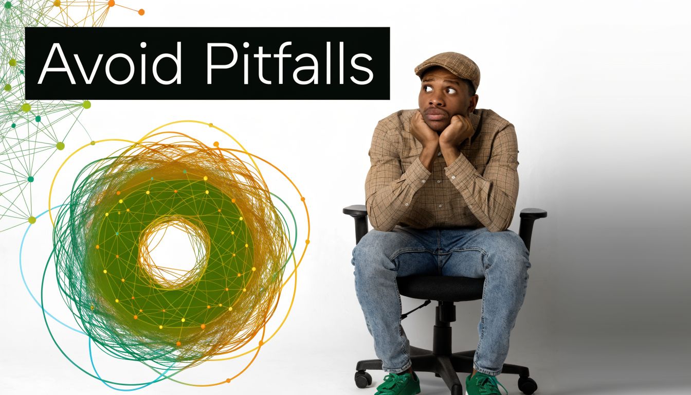 A man sitting on a chair looking at a complex abstract network visualization of connected dots.