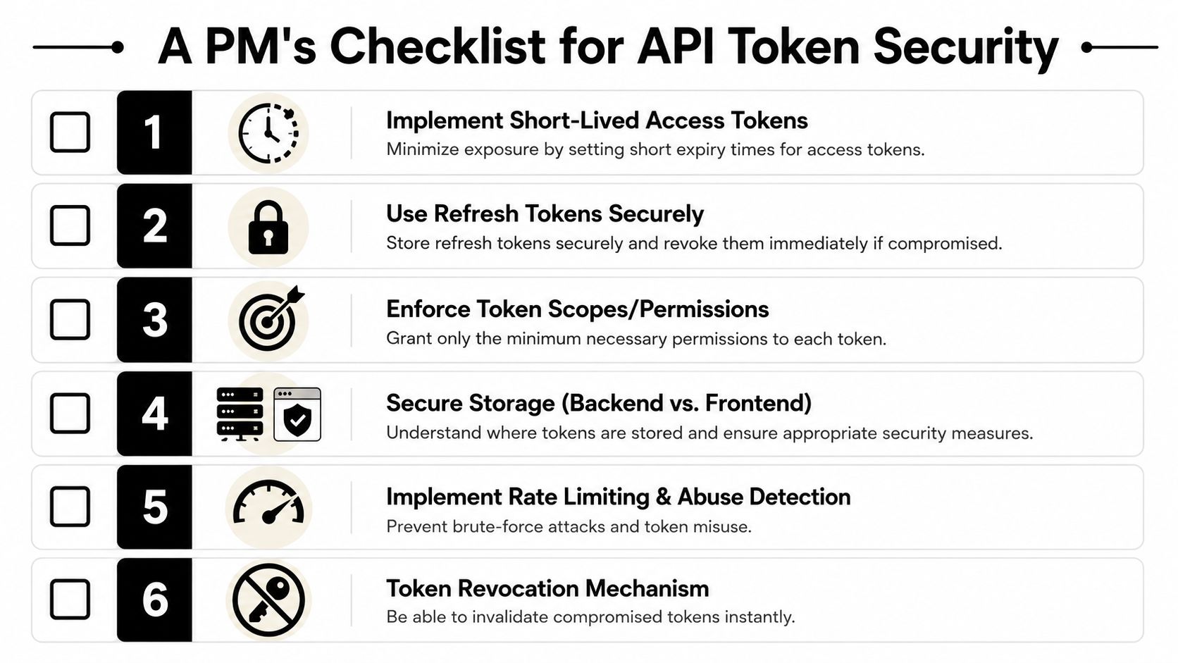 A professional checklist outlining six essential security practices for managing API tokens effectively and safely.