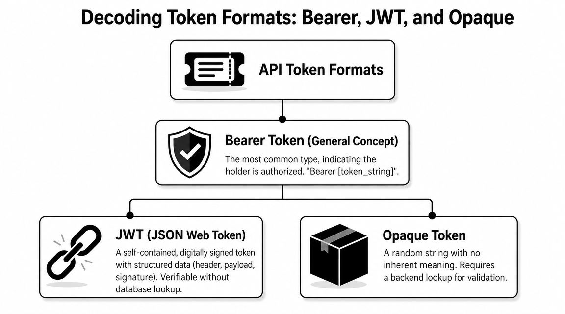 A flowchart explaining API token formats including Bearer, JWT, and Opaque tokens with their key characteristics.
