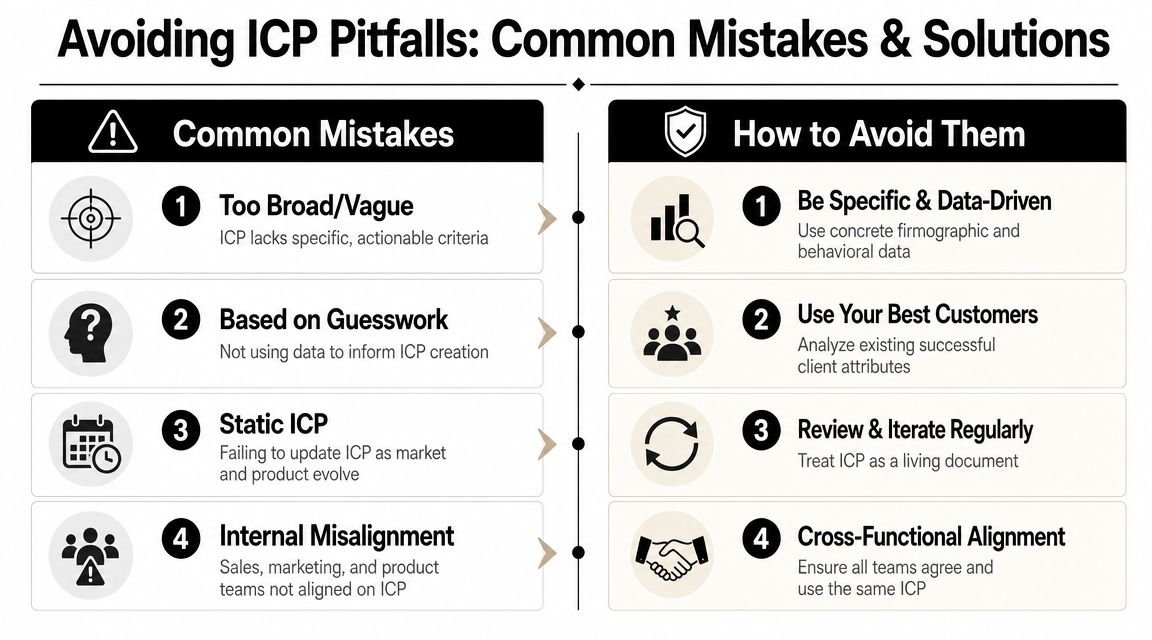 A chart highlighting four common ICP mistakes in marketing alongside their corresponding strategic solutions and fixes.