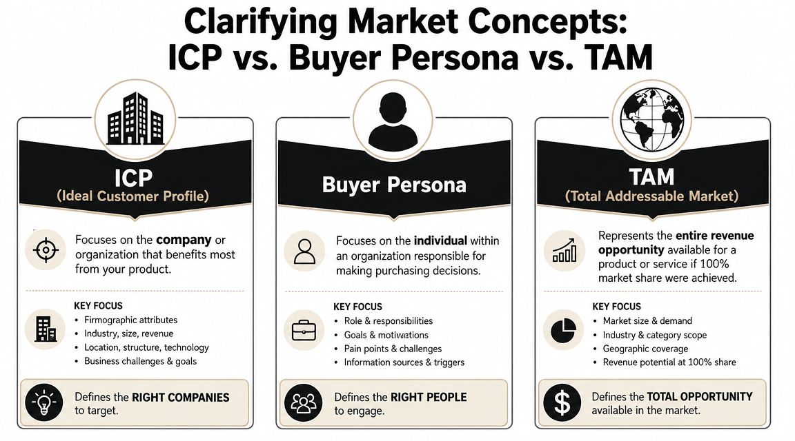 A comparison chart explaining the definitions and key differences between ICP, Buyer Persona, and TAM marketing concepts.