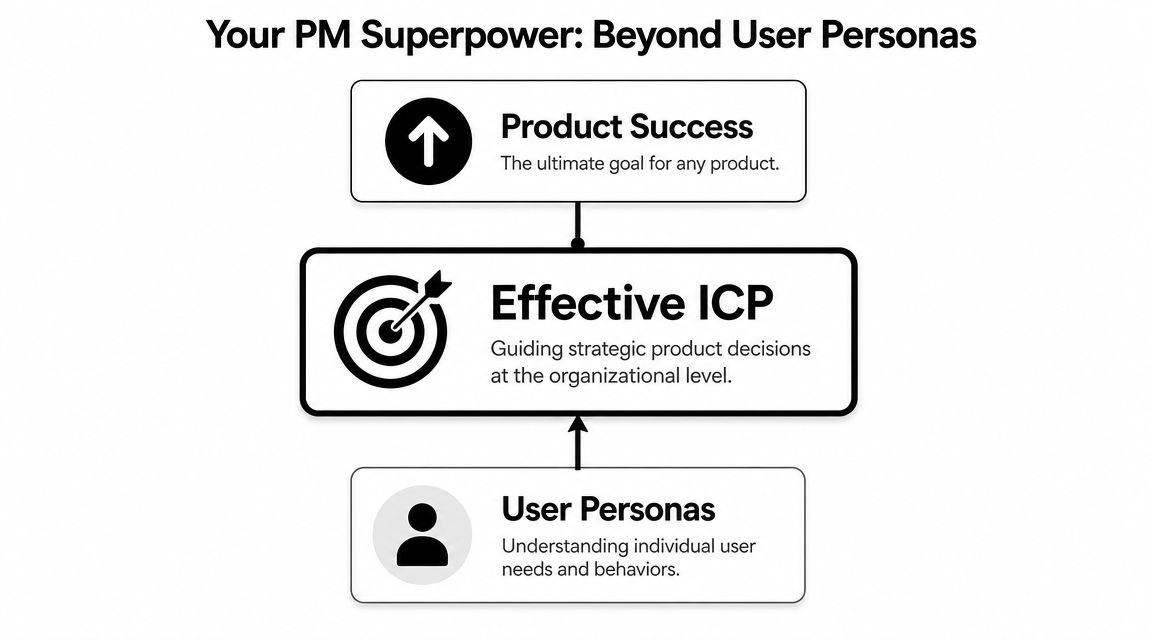 A diagram illustrating the hierarchy from user personas to effective ICP for achieving product success.