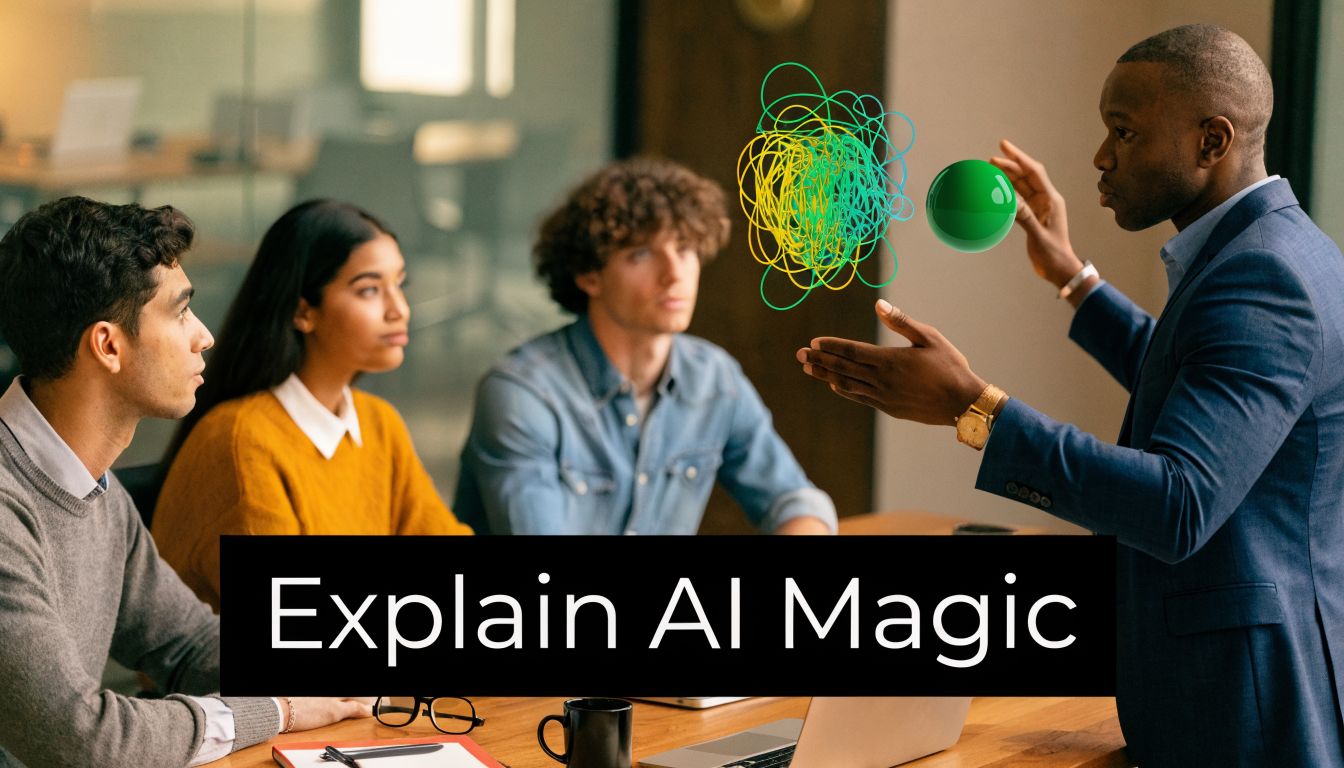 A professional man explaining artificial intelligence concepts to a diverse group of people in an office meeting.