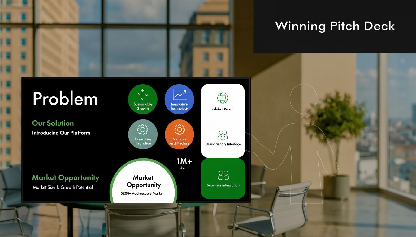 A digital presentation screen displaying a business pitch deck featuring problem, solution, and market opportunity sections.
