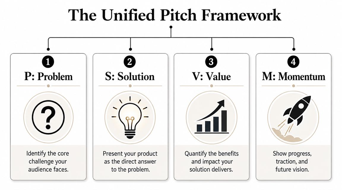 A diagram titled The Unified Pitch Framework showing four steps: Problem, Solution, Value, and Momentum.