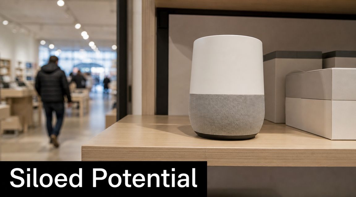 A Google Home smart speaker placed on a wooden retail store shelf with a customer walking behind.