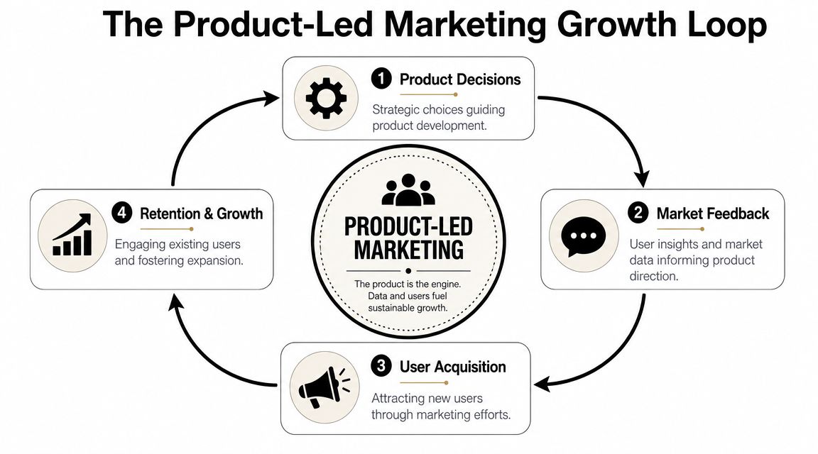 A diagram illustrating the four steps of the Product-Led Marketing Growth Loop for sustainable business development.