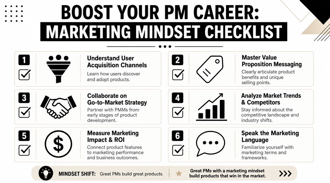 A checklist infographic titled Boost Your PM Career showing six key steps for developing a marketing mindset.