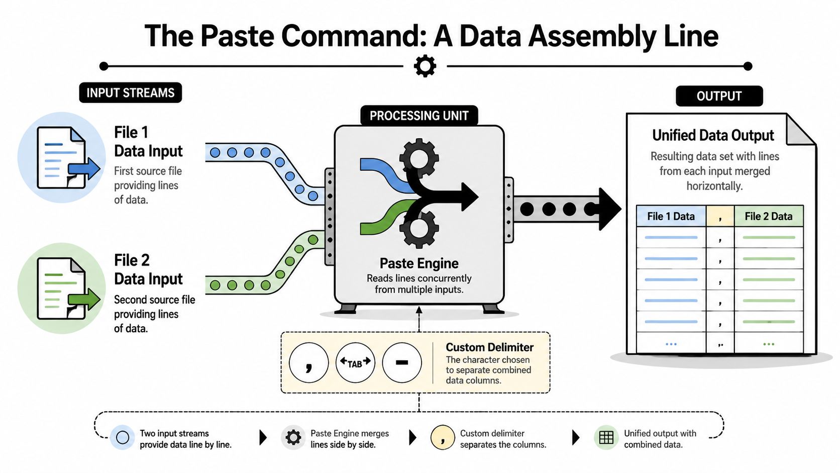 A diagram explaining the Linux paste command as a data assembly line connecting two input files.