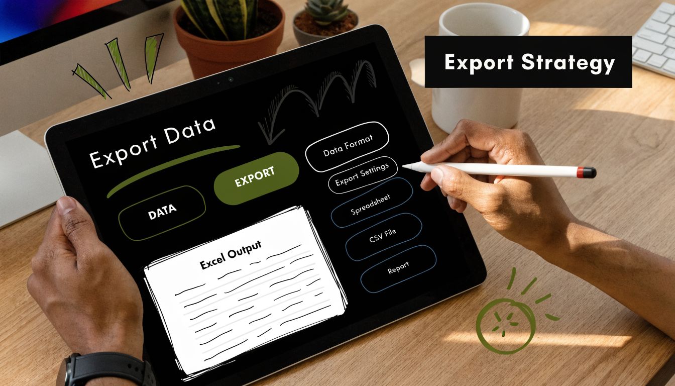 A person using a stylus on a tablet screen showing an digital data export interface.