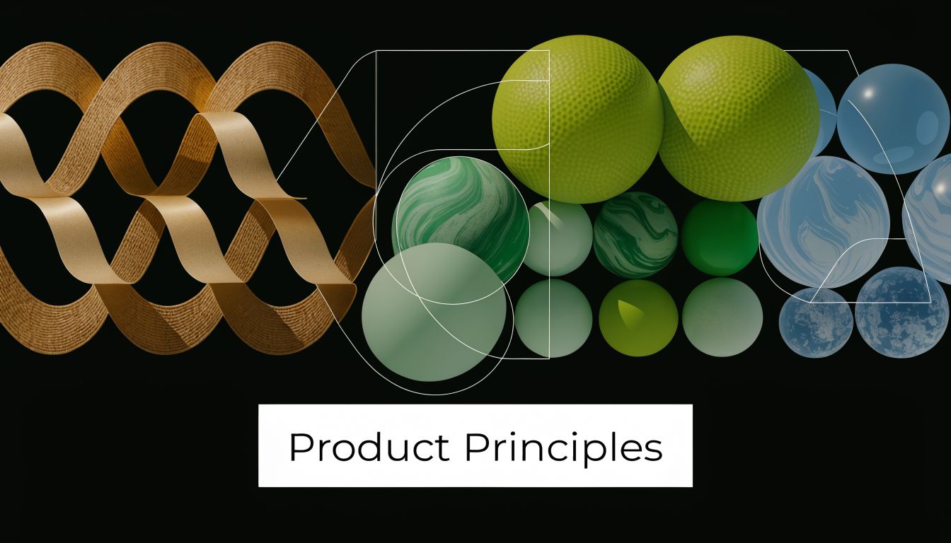 A design composition featuring golden ribbons and spheres arranged with geometric lines over a dark background.