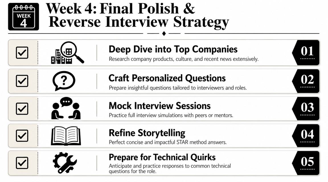 A five-step infographic for Week 4 interview preparation, covering research, questioning, mock interviews, storytelling, and technical skills.