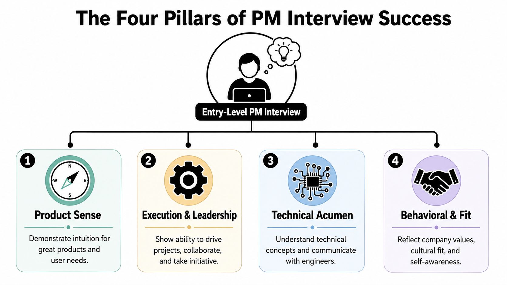 A diagram illustrating the four essential pillars for success in an entry-level product manager interview.